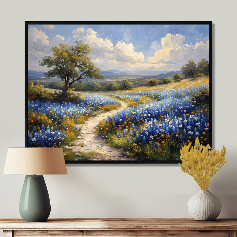 «Blue Green Summer Meadow Charm Blue Bonnets III - Blue Bonnets», reproduction d'art, Toile avec cadre flottant noir