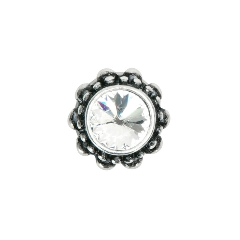 Caché small round knob with flared foot with a rivoli Swarovski Clear Crystalin Gilded Mercury, Silver