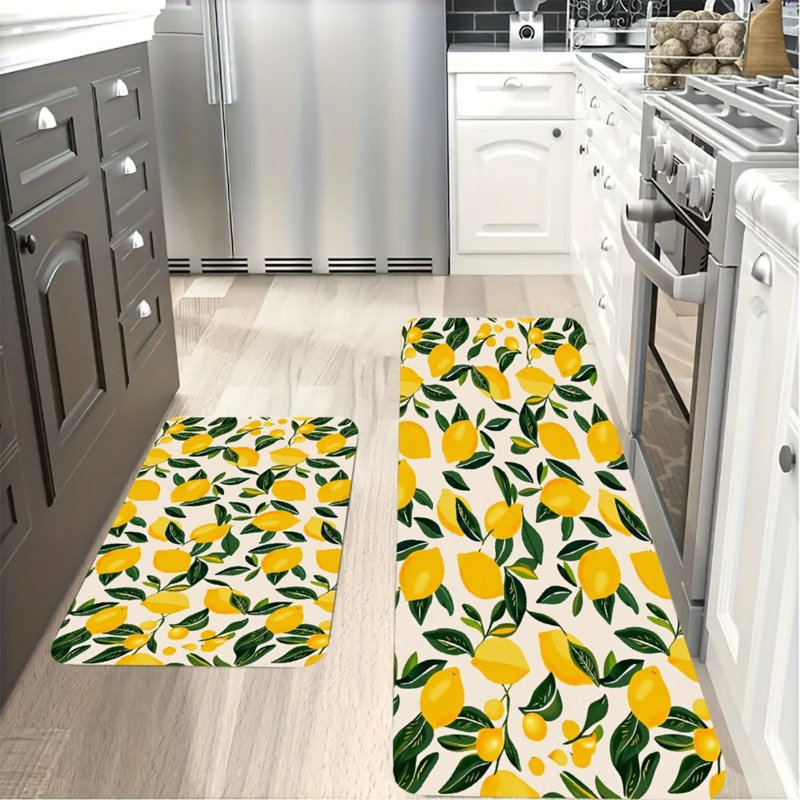 Minimalist Lemon Print Kitchen Mats for Kitchen & Simple Decor,Cream 2-Piece Set