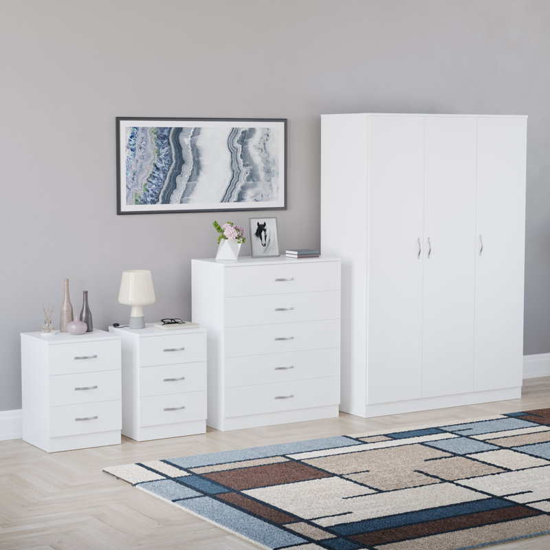 Tayce 4 Piece Bedroom Set (3 Drawer Bedside Chest X2, 5 Drawer Chest, 3 Door Wardrobe), White