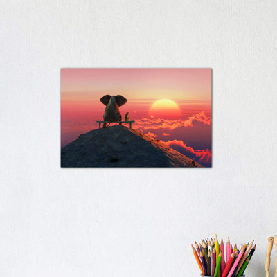 Elephant and Dog Sit on a Mountain Top at Sunset 1 Piece Wrapped Canvas Wall Art