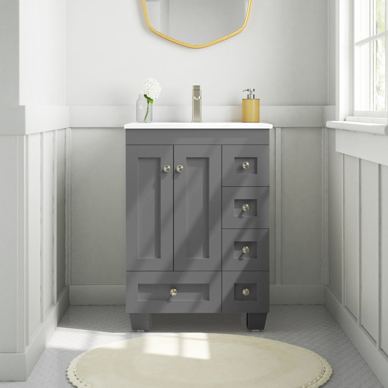 Meuble-lavabo en porcelaine l 24 po x P 22 po Yena, Quartz - Carrare blanc 1, Gris