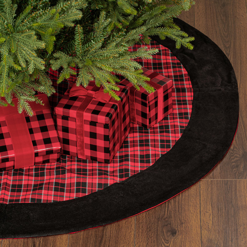 60" Red and Black Plaid Christmas Tree Skirt with Velvet Border