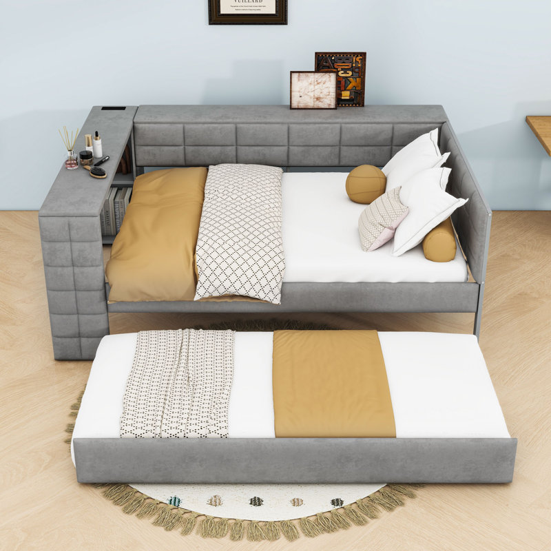 Upholstered Platform Bed with Storage Shelves, Desk, Charging Station and Trundle, Gray