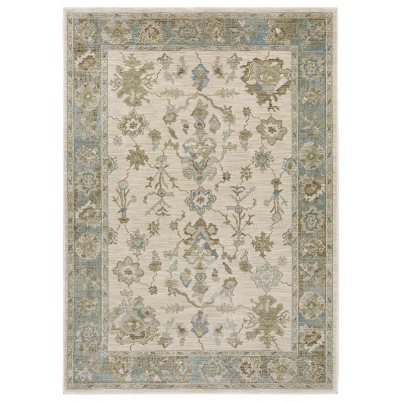 Graicyn Traditional Oriental Beige/ Teal Area Rug, Rectangle 3'3" x 5'