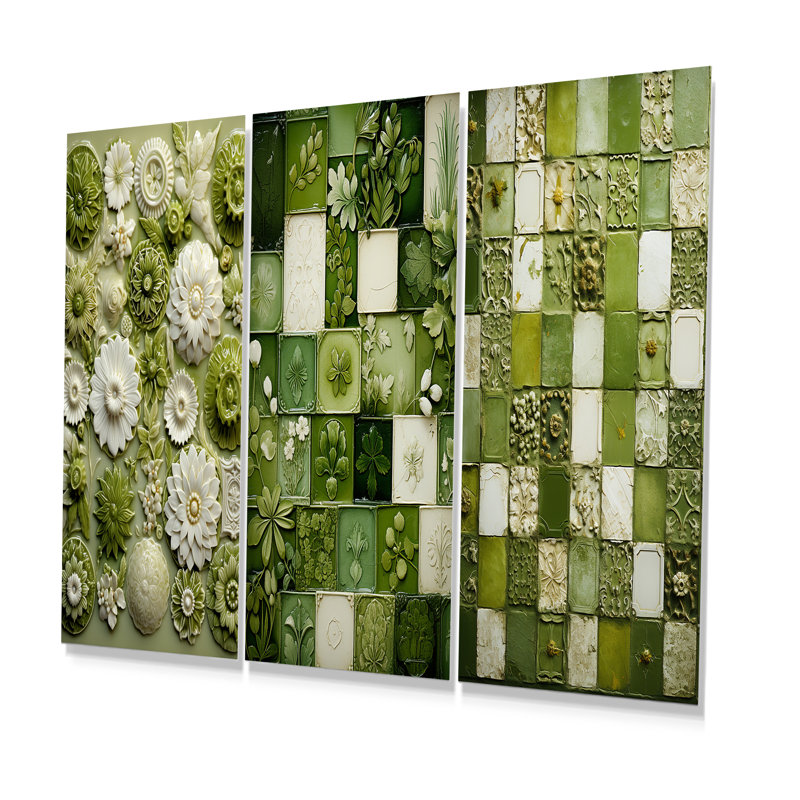 Botanicals Green Floral Tiles I - ensemble de 3 reproductions d'art mural en métal, H 28 po x l 36 po