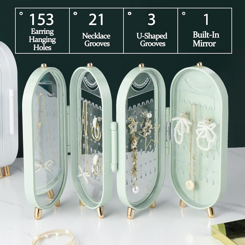 Boîte à bijoux pliable avec porte-boucle d'oreille et miroir