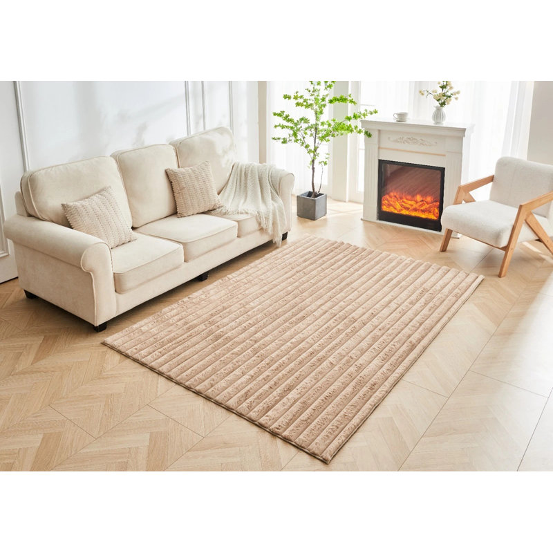 Soft Faux Fur Area Rug Washable Non-Slip Polyester Carpet for Living Room Bedroom Hallway Modern Plush Floor Rug, Natural