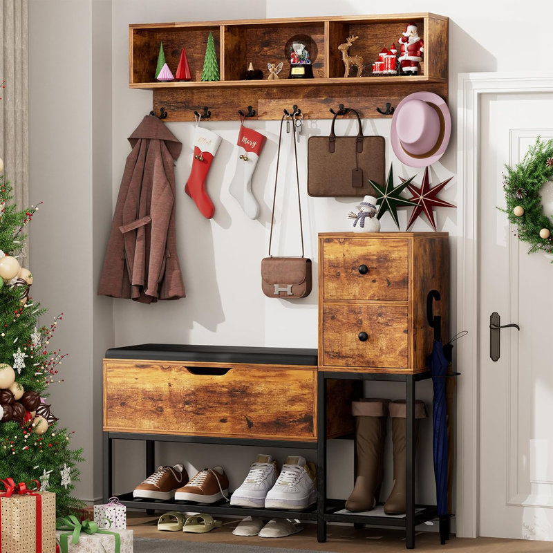 39" Coat Rack Shoe Bench Set With Flip Top Box And 2 Drawers,Yacchi Home Entryway Bench With Shoe Storage,7 In 1 Entryway Bench With Coat Rack, Storage Bench With 7 Coat Hooks& 2 Umbrella -Rustic Wood
