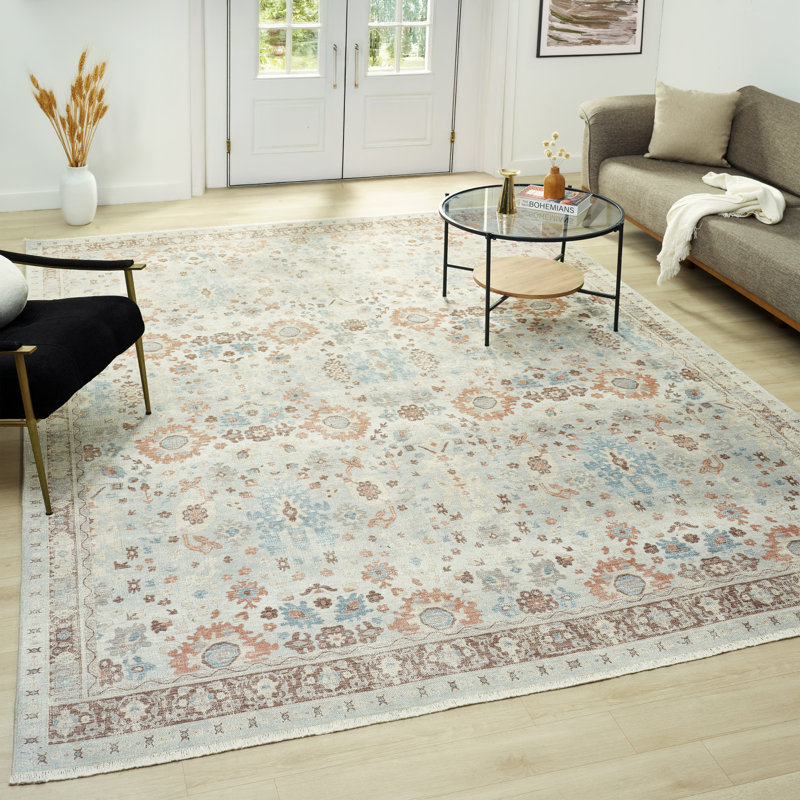 Tapis ivoire en coton tissé à la machine Aldora Rose Garden, Rectangle 5 pi 6 po x 8 pi 6 po