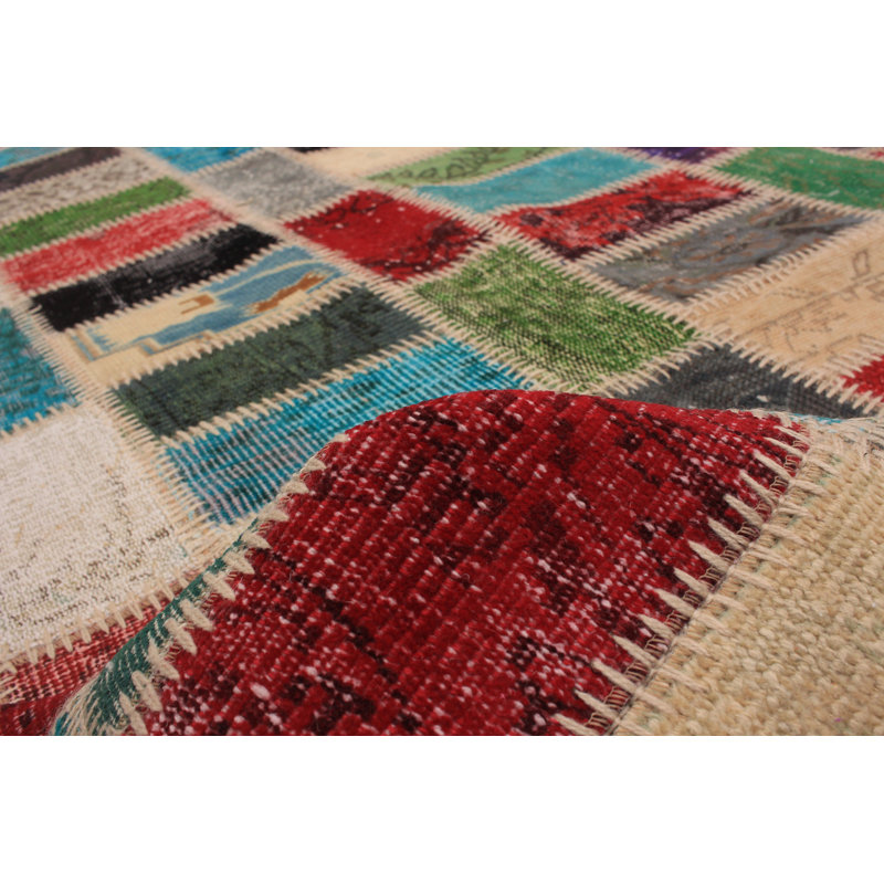 Tapis décoratif en laine noué à la main de conception unique noué à la main New Age 5 pi 8 po x 8 pi 5 po en bleu sarcelle/rouge/gris