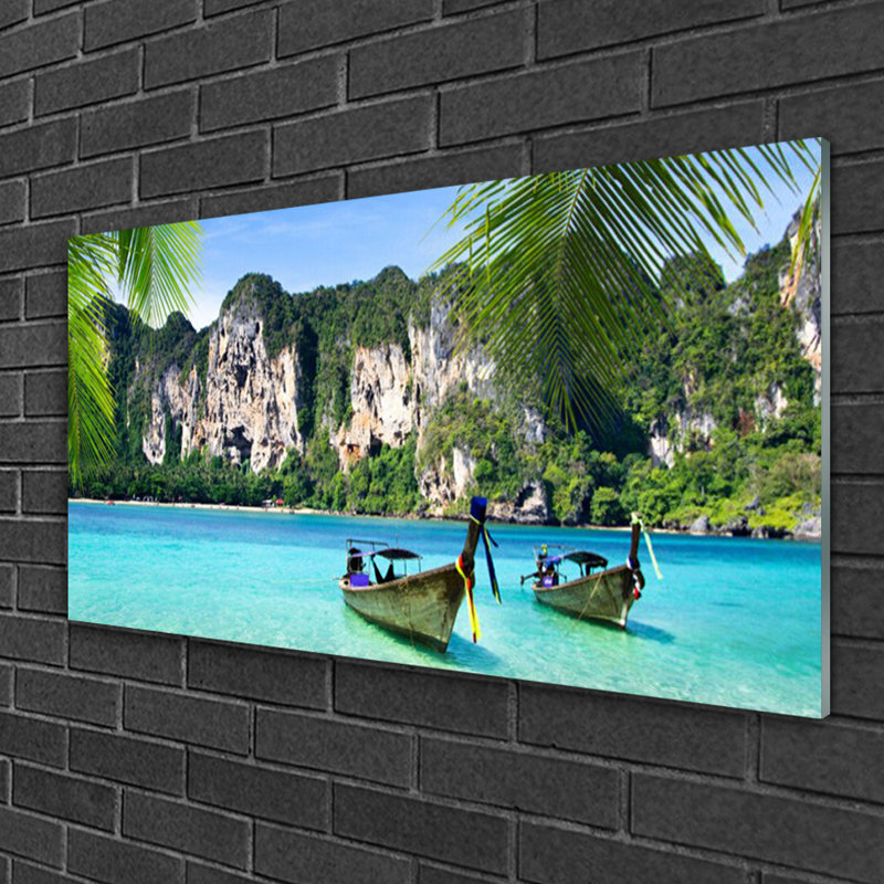 Landscape Boats Sea - Unframed Photograph on Glass