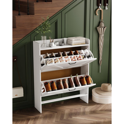 Shoe Storage Cabinet with 2 Flip Drawers, Entryway Slim Shoe Rack, Freestanding Hidden Shoe Organizer Cabinet with Metal Legs