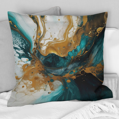 Turquoise And Gold Sculpting Space - Abstract Geometric Printed Throw Pillow