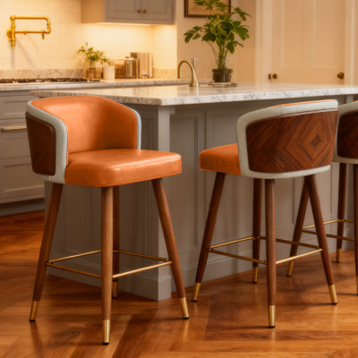 Modern Bar Stools Set Of 2 With Back, 34 Inch Counter Height Bar Chairs - Walnut Wood Frame & Faux Leather Upholstered Seating For Kitchen Island, Home Bar, And Breakfast Nook，Dark Orange