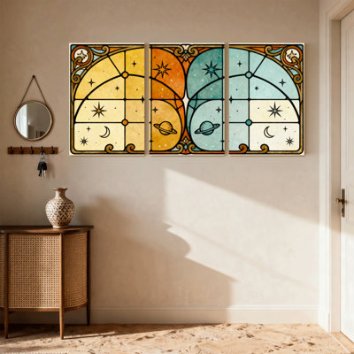 Fantasy & Sci-Fi Stained Glass Celestial Pattern With Planets And Stars Set of 3 Canvas Wall Art Prints