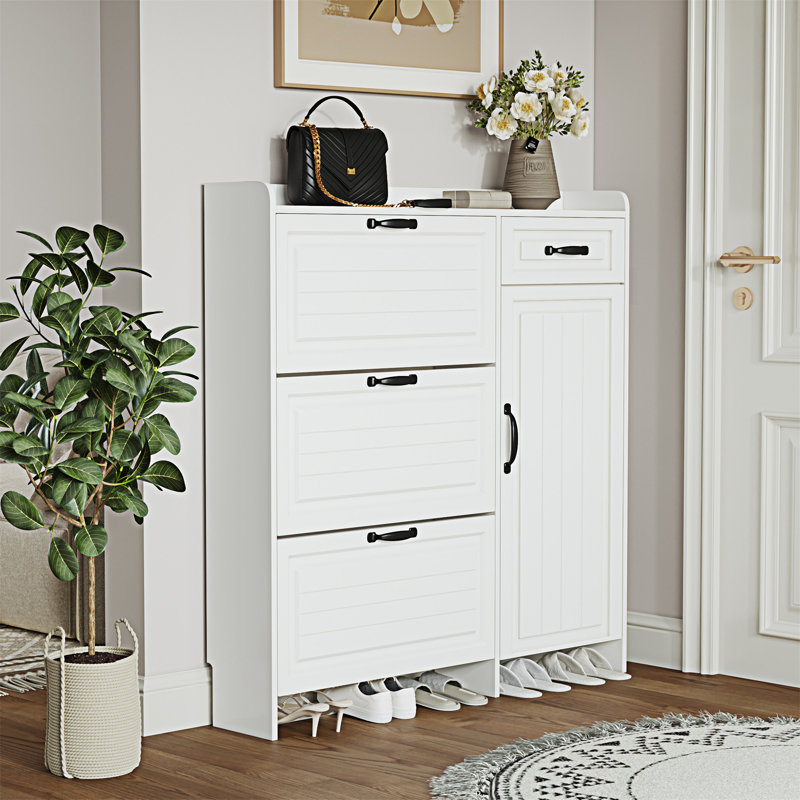 Armoire à chaussures blanche avec 4 portes et 1 tiroir