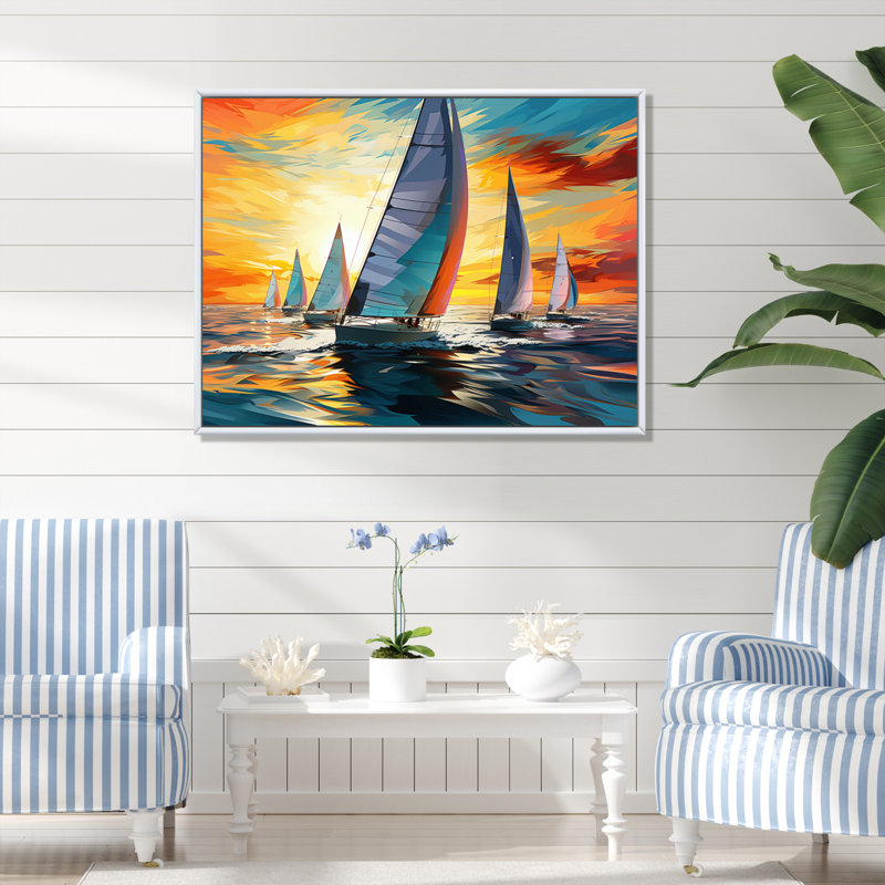 Mikaia voilier, régate audacieuse sur toile, H 12 po x l 20 po x P 1 po, Cadre flottant blanc