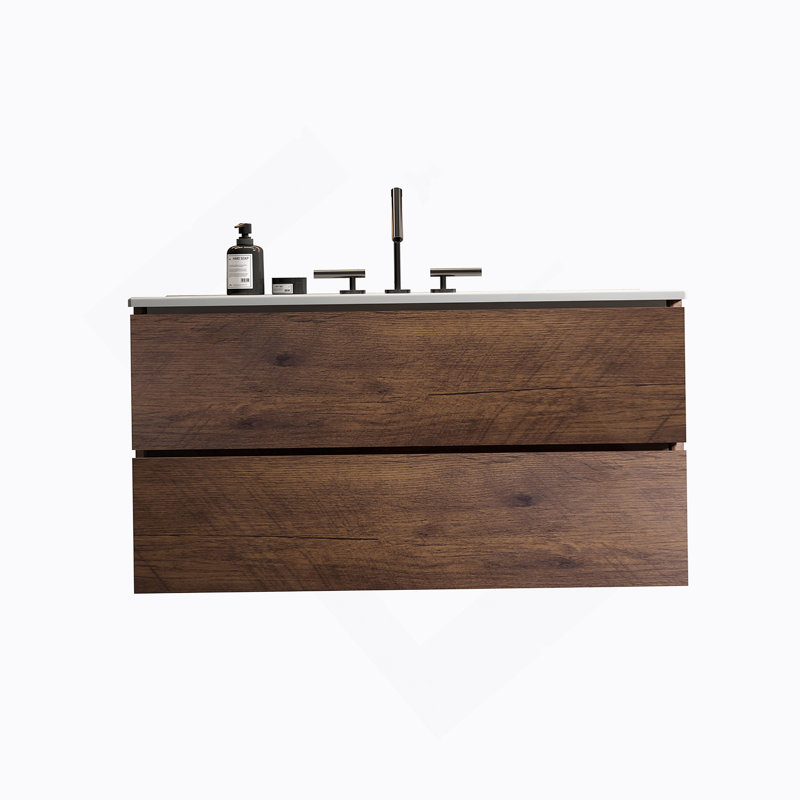 Meuble-lavabo mural de 36 po en noyer avec lavabo en céramique avec trois trous de robinet, grand meuble-lavabo flottant de rangement pour salle de bain moderne, pré-assemblé