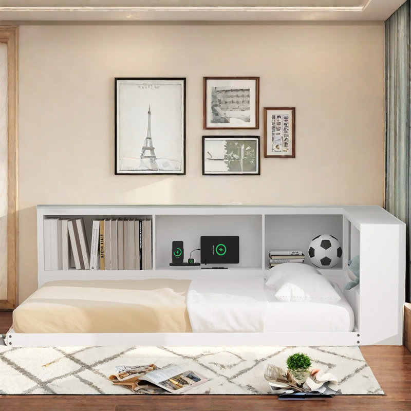 Holston Metal Daybed with Storage Cabinets and USB Ports, White