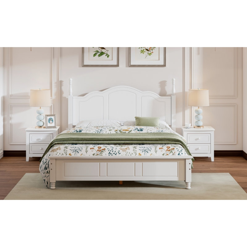 Cadre de lit plateforme grand lit en bois, lit plateforme de style rétro avec support en lattes de bois, blanc, Grand lit