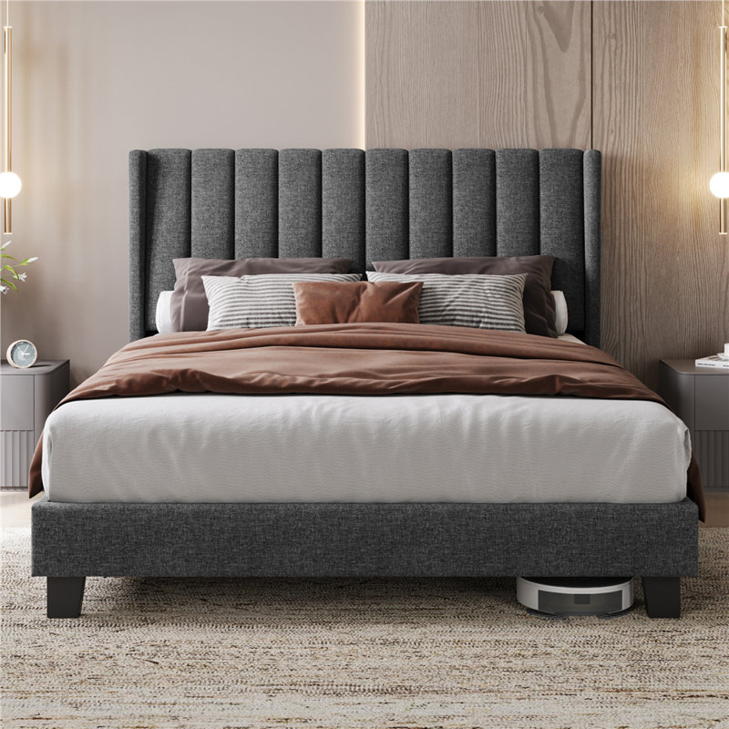 Upholstered Bed Frame with Channel Tufted Headboard, Kingsize (5'), Dark Grey