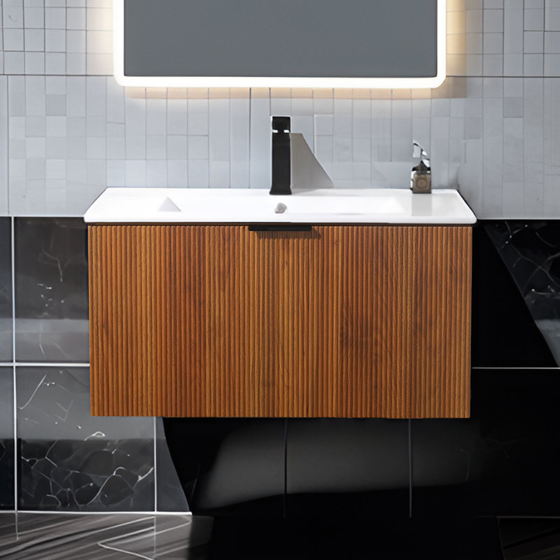 30" Wall Mounted Single Bathroom Vanity With Ceramic Top, Brown