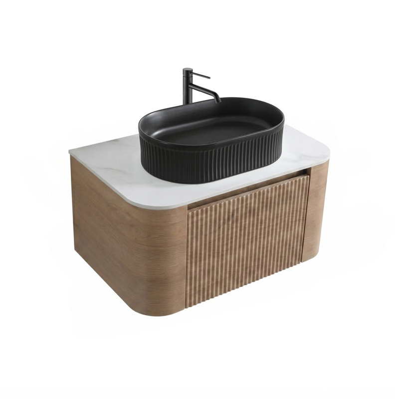Meuble-lavabo Erba de 30 po avec lavabo, armoire murale en chêne miel avec porte-serviettes gratuit, lavabo simple en céramique rayé ovale noir, sans drain et robinet, pré-assemblé