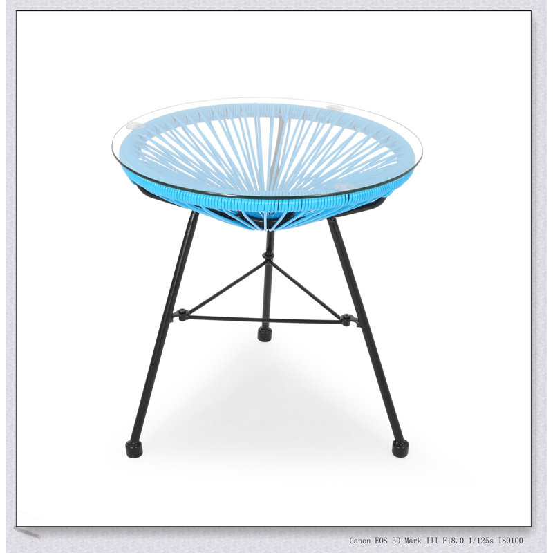 Nusa Rattan Side Table With Tempered Glass Top, Durable And Stylish For Indoor And Outdoor Use, Blue/Black