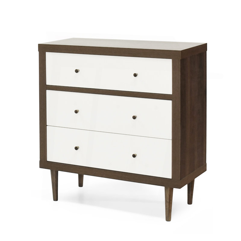 Commode 3 tiroirs pour l'organisation et la décoration de la chambre à coucher, Noyer/blanc