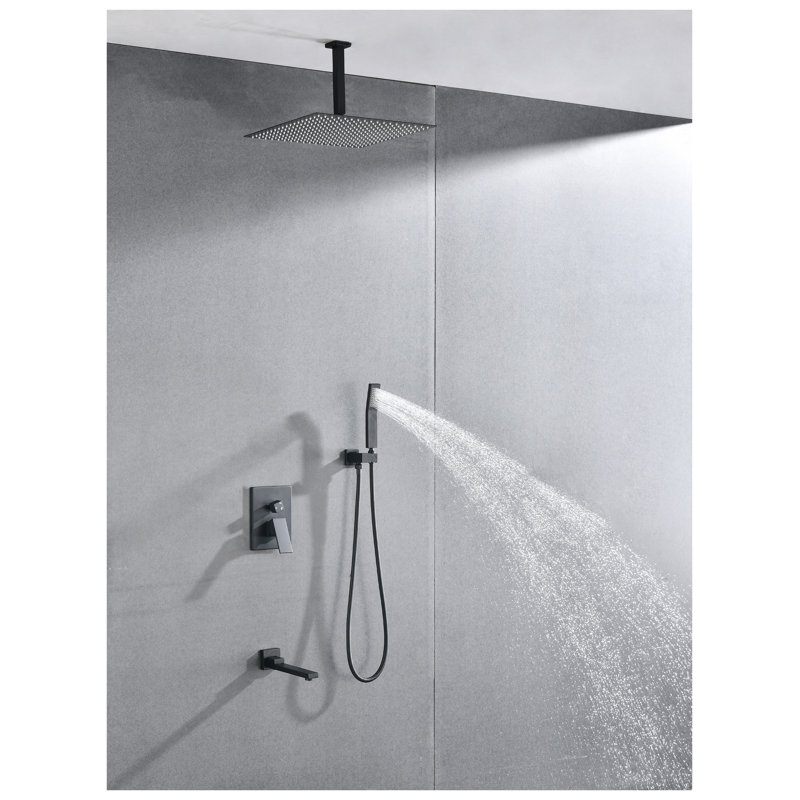 Matte Black Shower System Combo with 16 Inch Rain Shower Head, Handheld Shower and Tub Spout - High Pressure Brass Bathroom Fixture