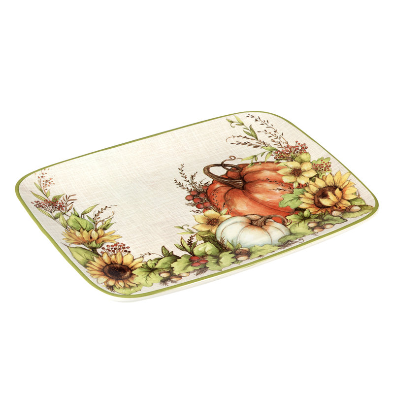 Autumn Breeze Rectangular Ceramic Serving Platter with Pumpkin Design