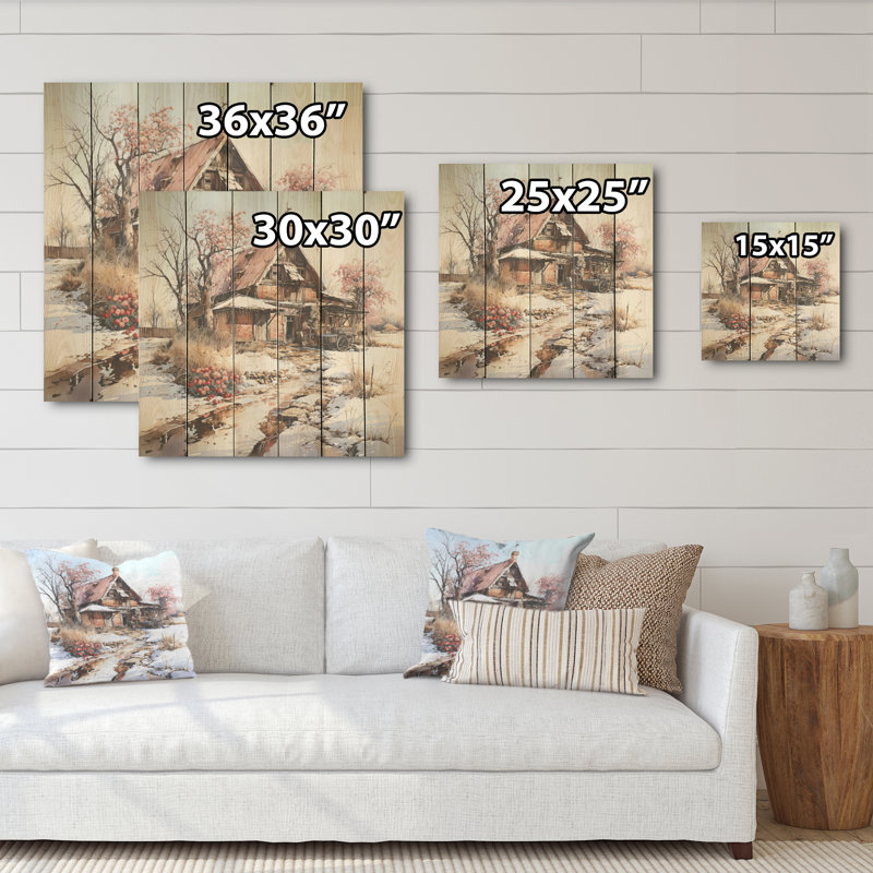 Charme de grange en hiver - Art mural en bois de grange sur bois de pin naturel, H 25 po x l 25 po