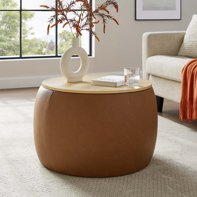 Modway Perla 26" Wide Faux Leather Round Cocktail Ottoman with Storage