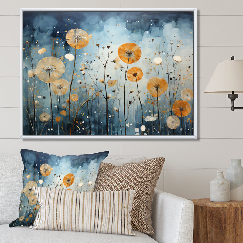 Blue Dandelion Floral Symphony VI - Floral Wall Art Living Room, H 16 po x l 32 po x P 1 po, Cadre flottant blanc