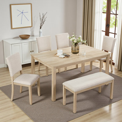 Ensemble de table de salle à manger, sièges rectangulaires pour 6 personnes, bois, chaises et banc rembourrés, salle à manger
