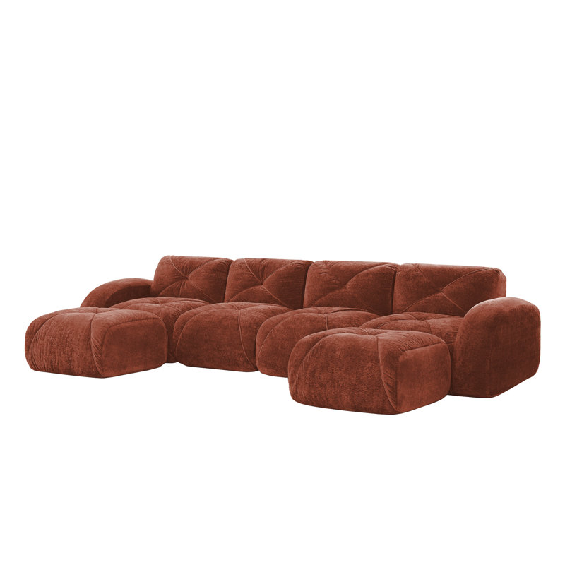 Reigle U-Shaped Velvet Upholstered Sectional Sofa with 2 Movable Ottomans, Velvet - Red Brown, 29.9" H x 140.9" W x 67.3" D