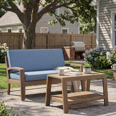Ensemble de conversation 2 pièces en bois d'acacia gris d'extérieur - Causeuse et table basse avec coussins bleus résistants à l'eau, capacité de 350 lb pour le patio, la terrasse et la cour arrière