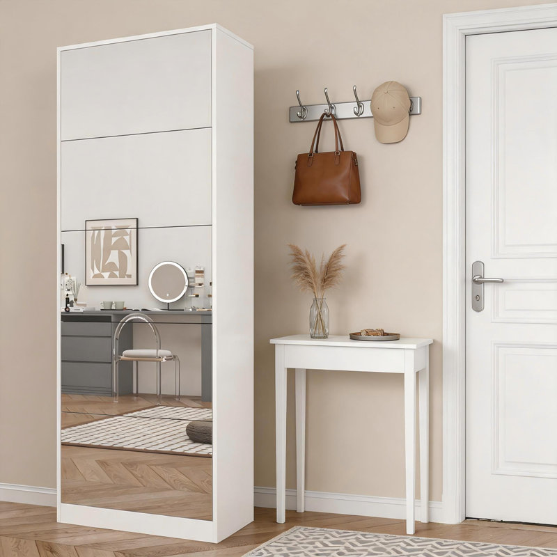 Armoire à chaussures avec miroir pleine longueur, armoire à chaussures autoportante à 5 tiroirs rabattables, Blanc