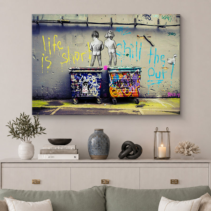Pop Urban Street "Life Is Short, Chill The Duck Out Banksy Colorful Framed Canvas Print Wall Art, 32" H x 48" W, No Frame