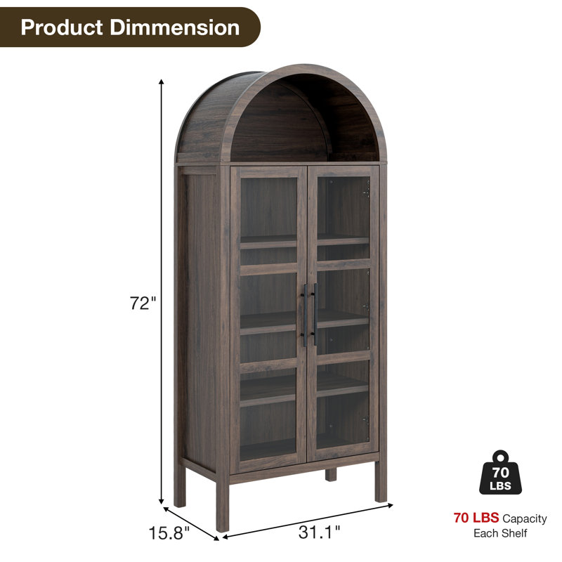 72" H x 31" W Farmhouse Arched Bookcase Wood Storage Display Cabinet With Glass Door & Adjustable Shelves, Brown