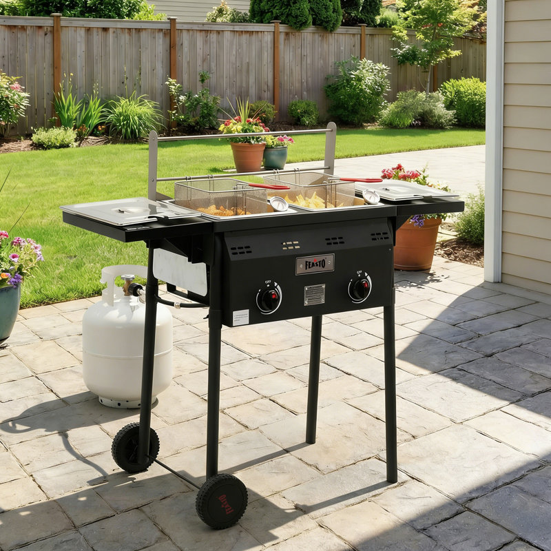 Chariot de friteuse au gaz propane double réservoir 4 gallons Feasto avec tables d'appoint pliables, acier inoxydable pour la cuisson en plein air