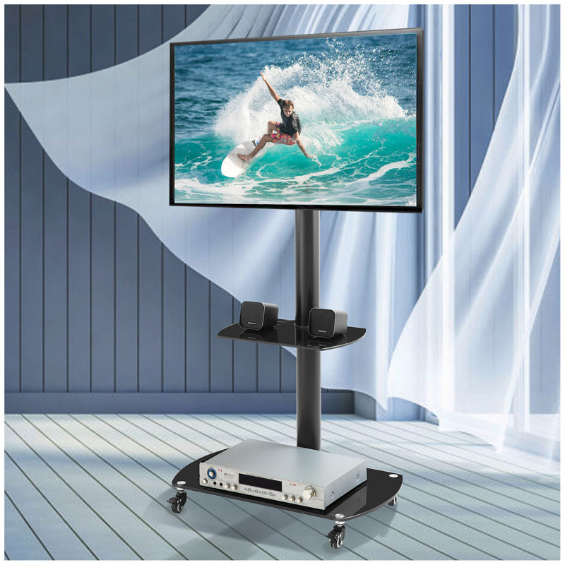 Height and Angle Adjustable Multi-Function Tempered Glass Metal Frame Floor With Lockable Wheels Mobile TV Stand, LCD/Plasma TV bracket  2 Tier Tempered Glass Shelves For Multiple Media Devices