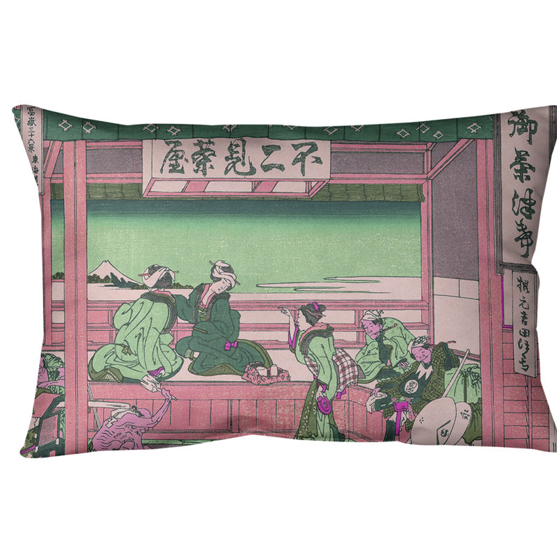 Coussin Katsushika Hokusai Yoshida at Tokaido, Rose / Vert, Faux lin