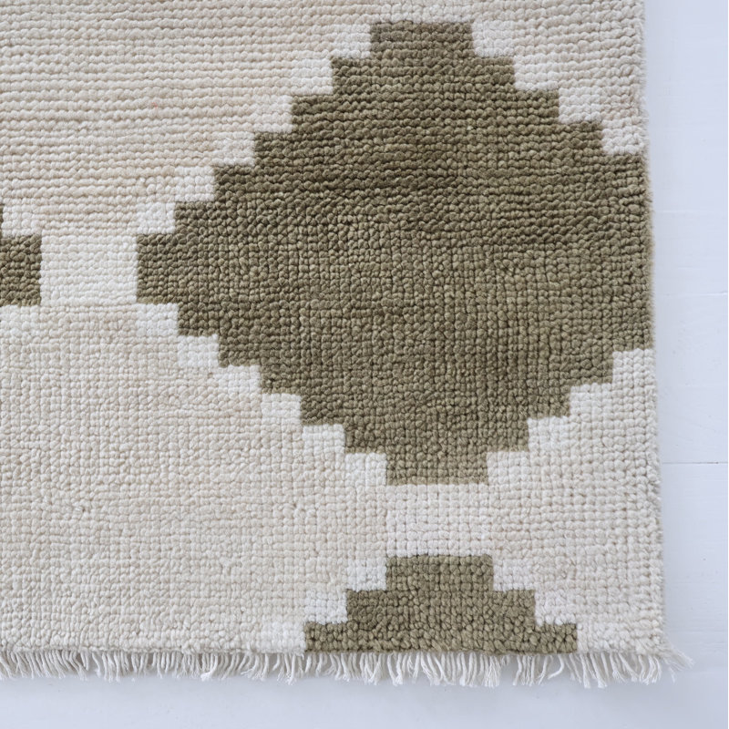 Sadie Handmade Oushak Wool Geometric Area Rug, Moss Green, 3' x 10'