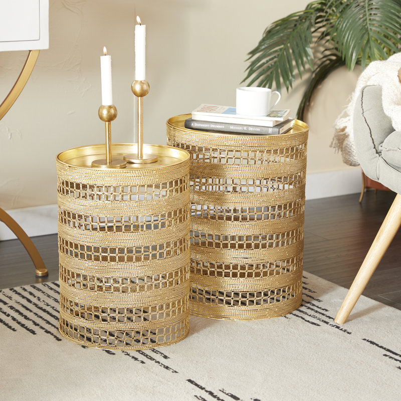 Round Gold Metal End Table Set with Tray Style Top