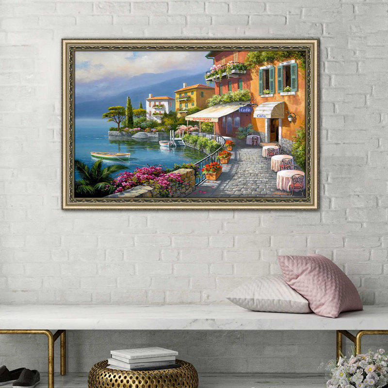 Seaside Bistro Café par - Peinture, Impression encadrée, H 27,5 po x l 39,5 po, Champagne