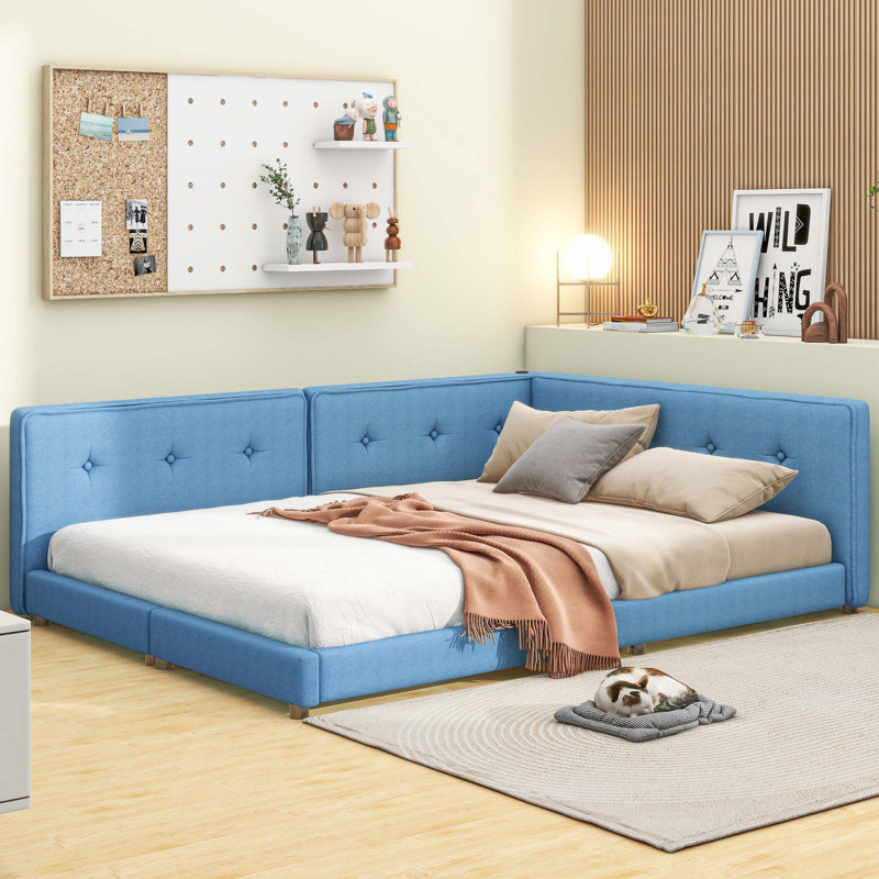 Lit plateforme tapissier avec ports USB, Bleu, Lit double