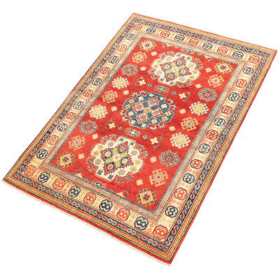 Tapis unique en laine noué à la main Gazni orange / beige / vert de conception unique 4 pi 10 po x 6 pi 8 po Qaiden