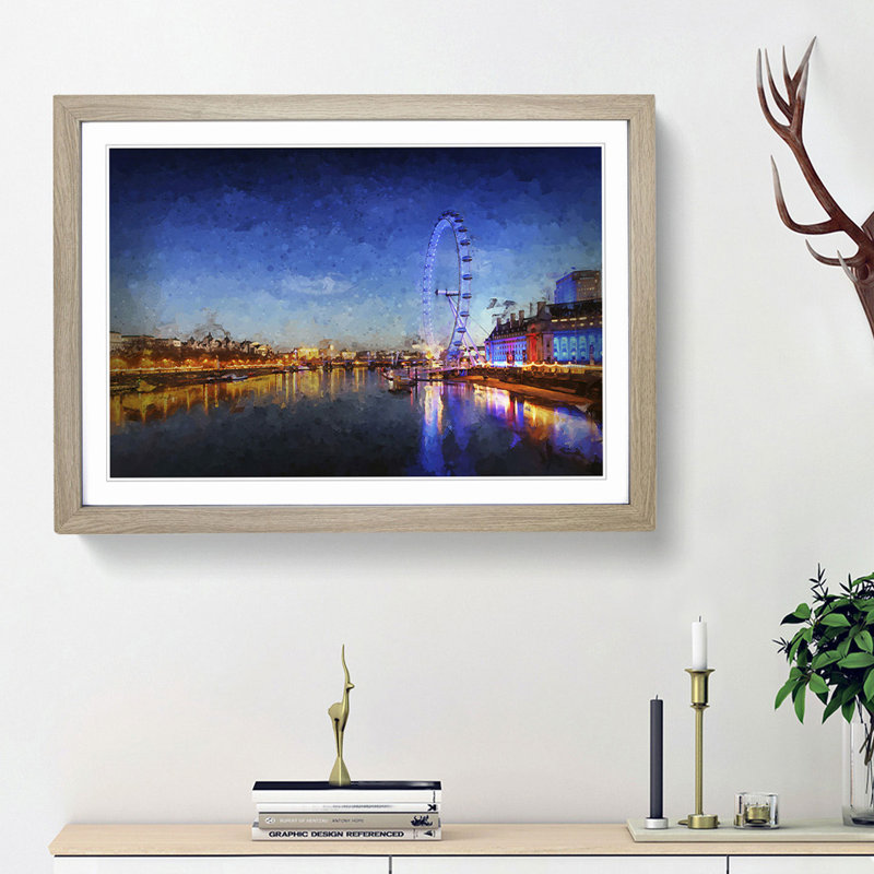 The London Eye & Thames River in Abstract - Picture Frame Painting Print, 36cm H x 48cm W x 2cm D, Oak Framed